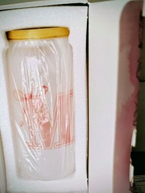 White Glass Cup with Pink Graphic and Wood Lid